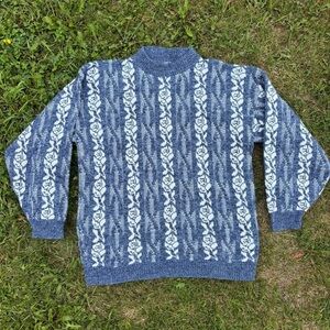 Vtg Haband For Her Pullover Knit Sweater Size L Blue White Floral Grandmacore